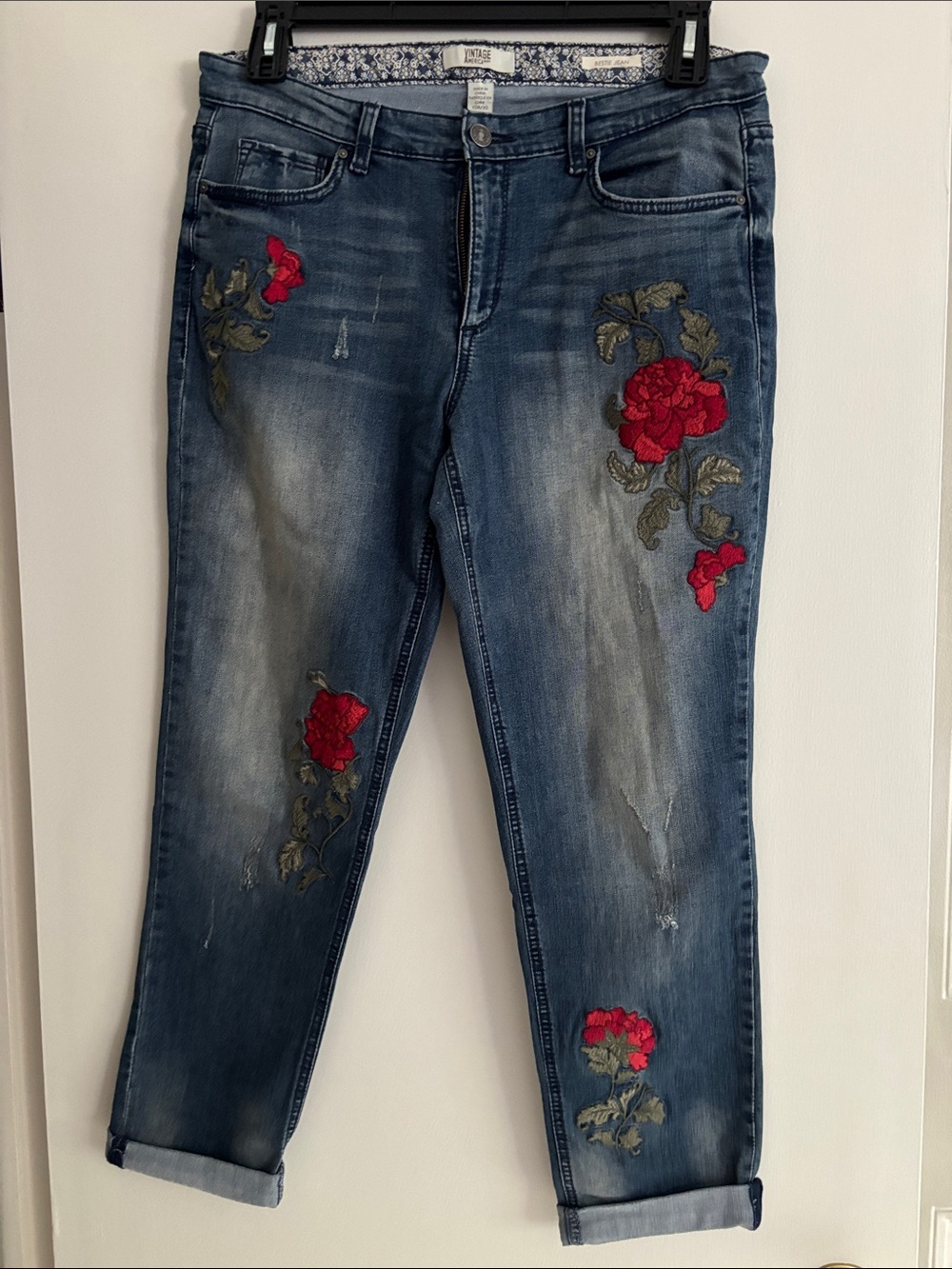 Vintage America Blue Denim Ankle Jeans with Red Floral Embroidery